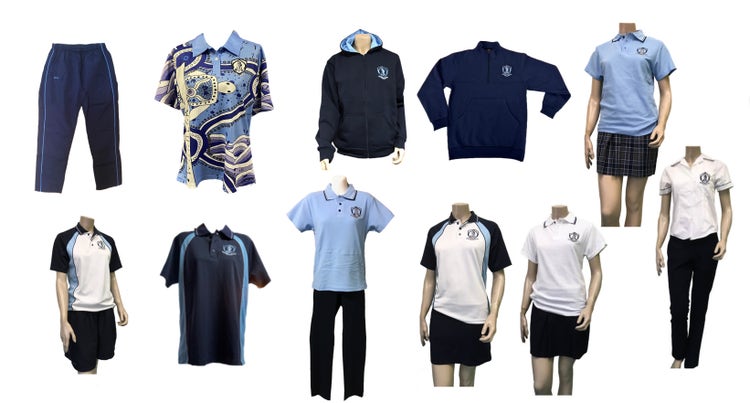 pictures of different components of the school uniform, white polos, blue polos, navy blue skirts and pants and navy blue hooded jumpers